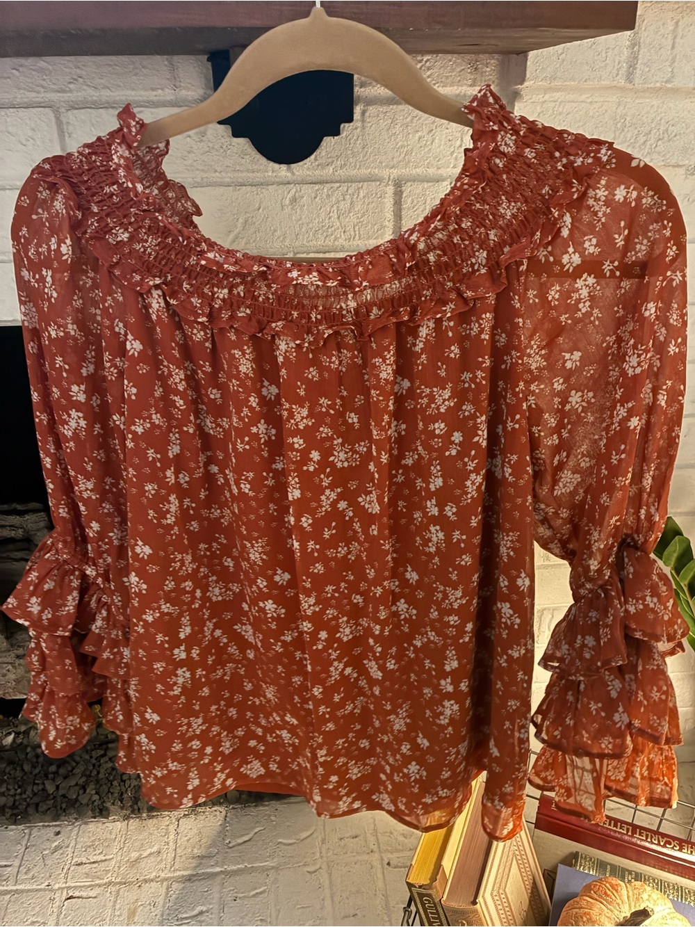 Rust Floral Smocked Off-Shoulder Women's Top Cute fall top